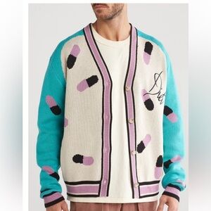 Diet Starts Monday Knit Intarsia Pills Cardigan Cream Teal XL Unisex Men’s